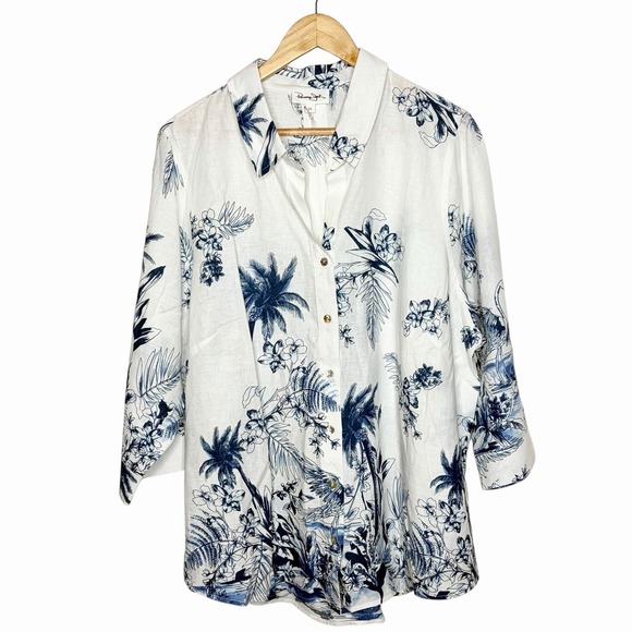 Panama Jack Tops - Linen Blend Tropical Floral Print Top Blue White Womens 2X Coastal Aloha Beachy